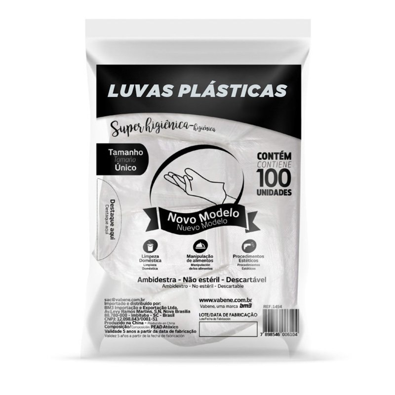 LUVA DESCARTÁVEL PLÁSTICA TRANSPARENTE COM 100 UN